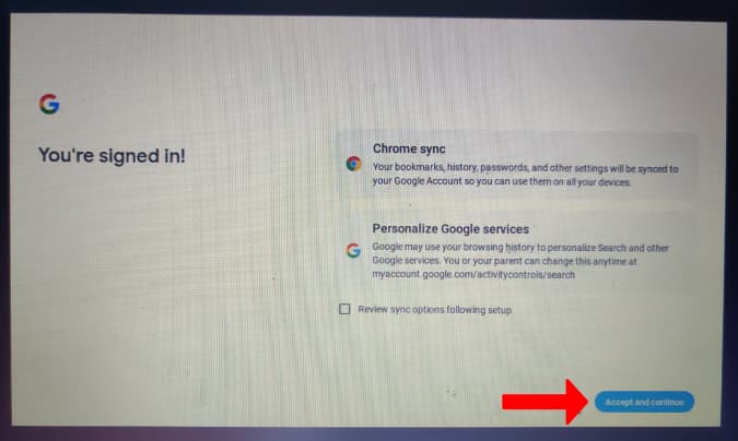 Aceptar sincronización de Chrome y personalizar los servicios de Google 