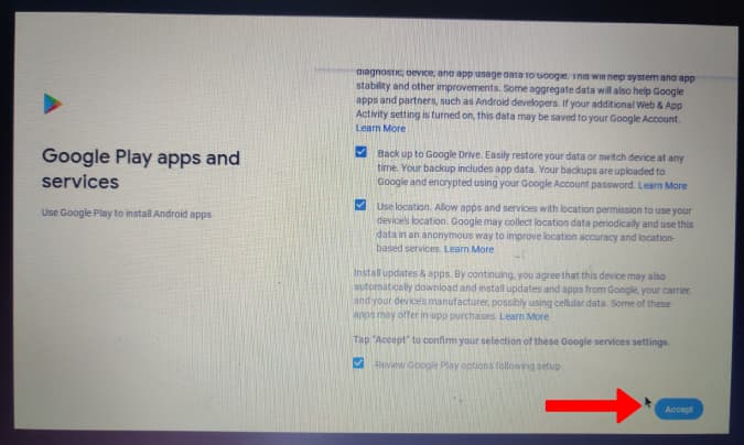 Aceptar aplicaciones y servicios de Google Play 