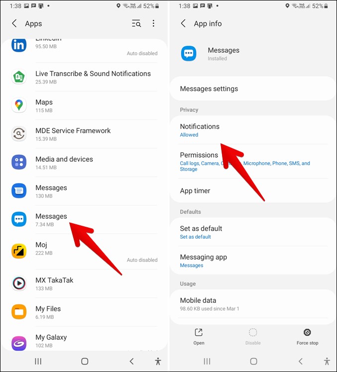Notificaciones de mensajes de Samsung
