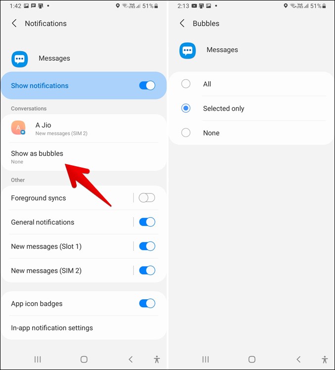 Habilitar notificaciones de burbujas seleccione contactos