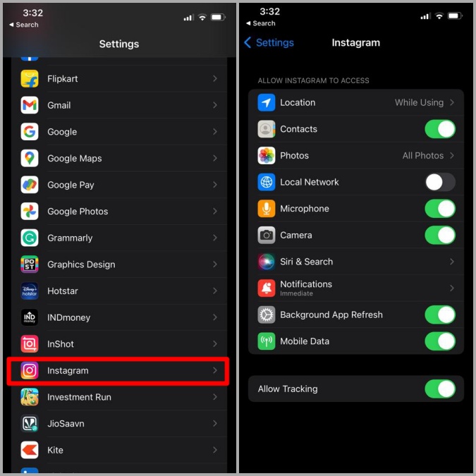 Habilitar permisos para Instagram en iPhone