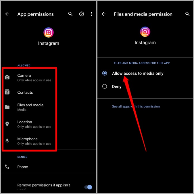 Permitir permisos de Instagram en Android