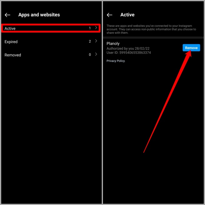 Eliminar aplicaciones y sitios web conectados de Instagram