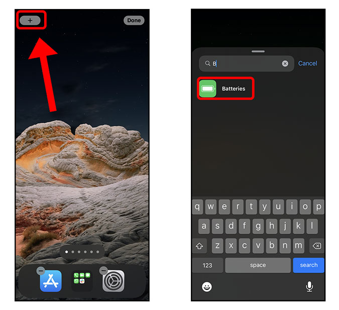 Encuentra el widget de baterías en la barra de búsqueda