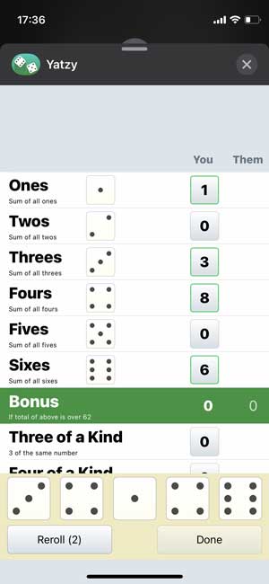 Yatzy Game for iMessage en iPhone