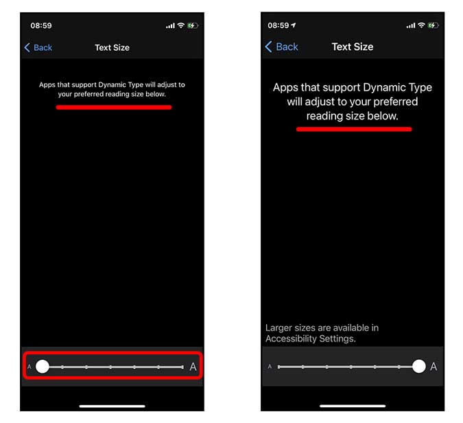 Ajuste el tamaño del texto con el control deslizante en iPhone