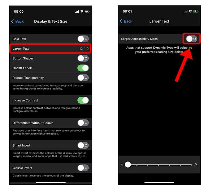 Mayor tamaño en la configuración de accesibilidad de iOS