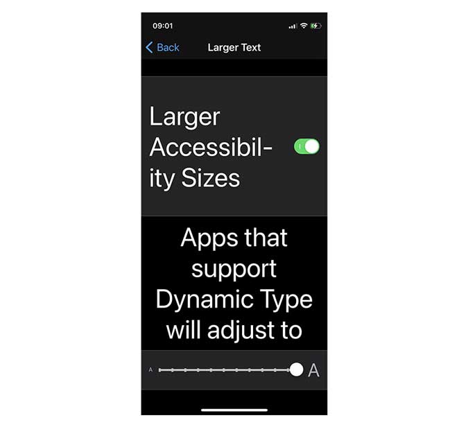 Tamaño de texto extremo en la configuración de accesibilidad