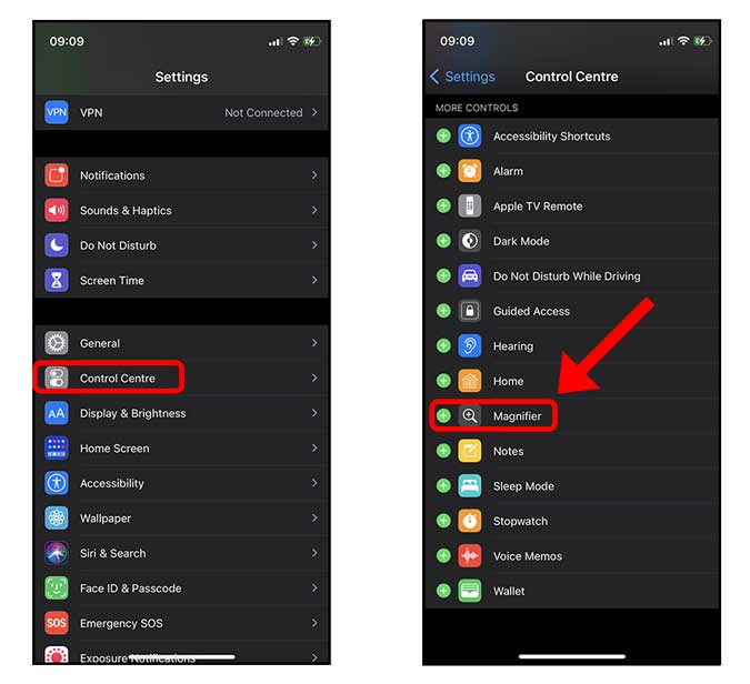 Configuración de lupa en el centro de control