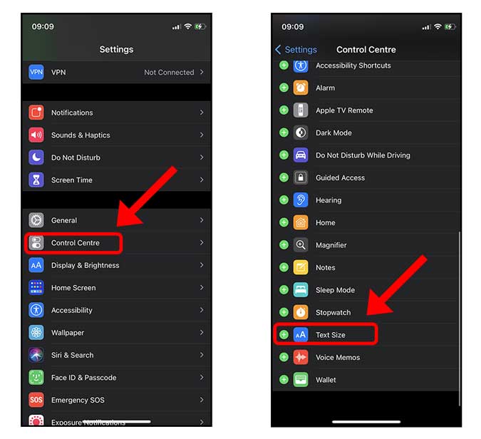 Opción de tamaño de texto en el centro de control de iOS