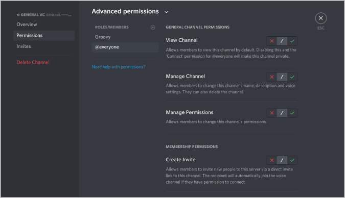 Configuración de permisos de canal de voz de Discord
