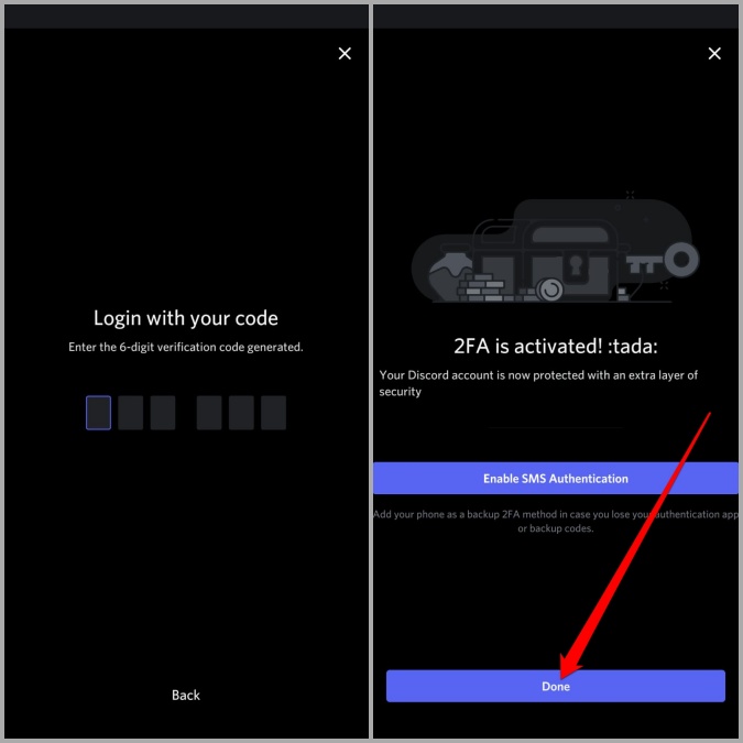 Discord 2FA habilitado en dispositivos móviles