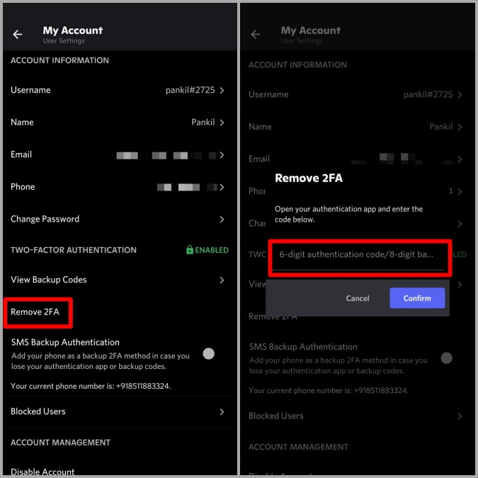 Eliminar 2FA Authenitcation en Discord para la aplicación móvil