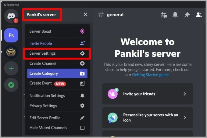Abra la configuración del servidor en Discord para PC
