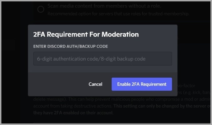 Habilitar el requisito de 2FA para Discord Server