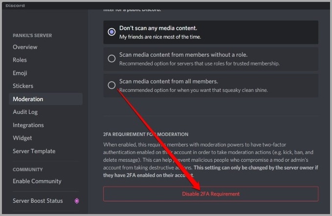Deshabilitar el requisito de 2FA para Discord Server