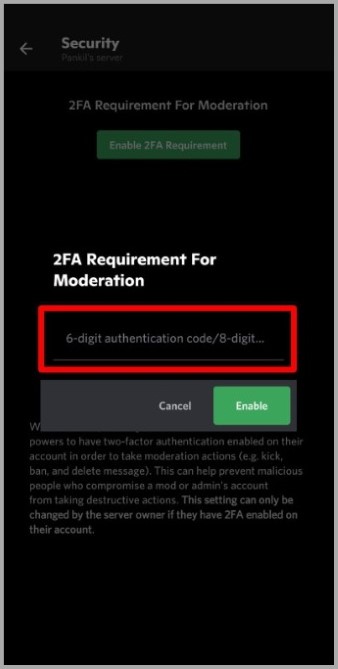 Habilitar el requisito de 2FA para Discord Server en la aplicación
