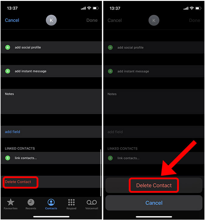 Eliminar el contacto en iPhone