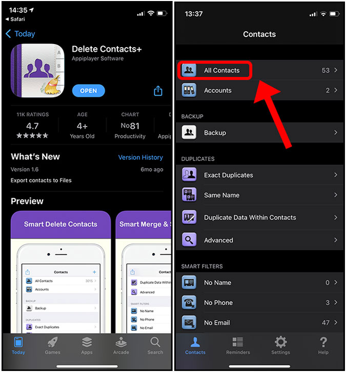 Eliminar contactos + aplicación para iPhone- Eliminar múltiples contactos