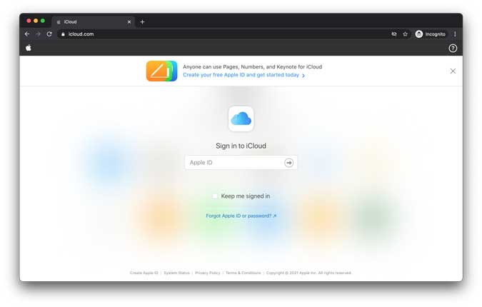 Sitio web de iCloud en el escritorio