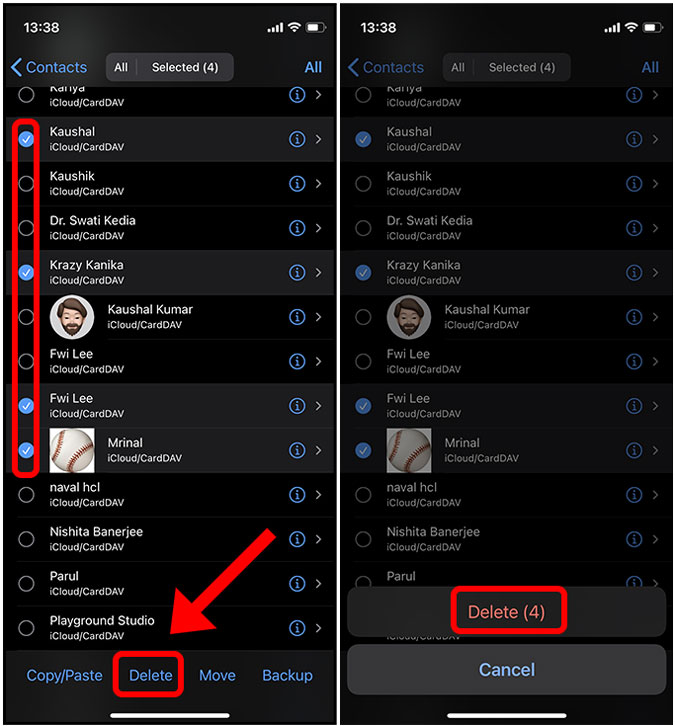 Seleccione múltiples contactos y elimine en iPhone