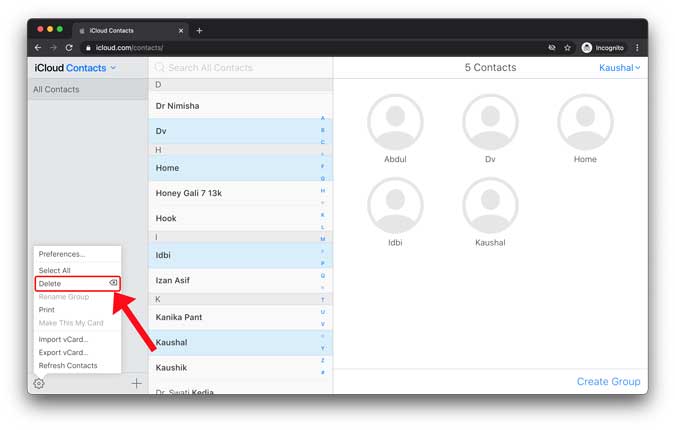 Eliminar contactos en iCloud Web
