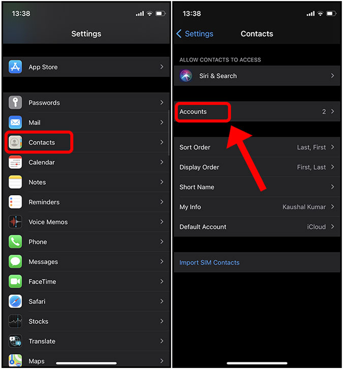Aplicación de contactos en Configuración.