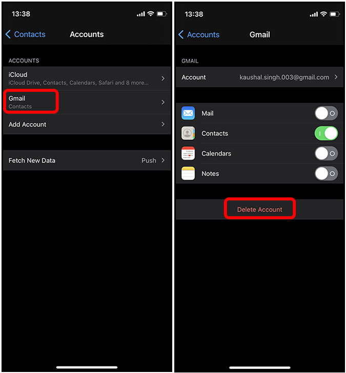 Eliminar la cuenta de Gmail y los contactos asociados con ella en iPhone