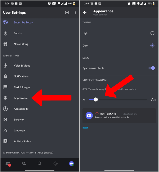 Cambiar el tamaño de la fuente en la aplicación móvil Discord