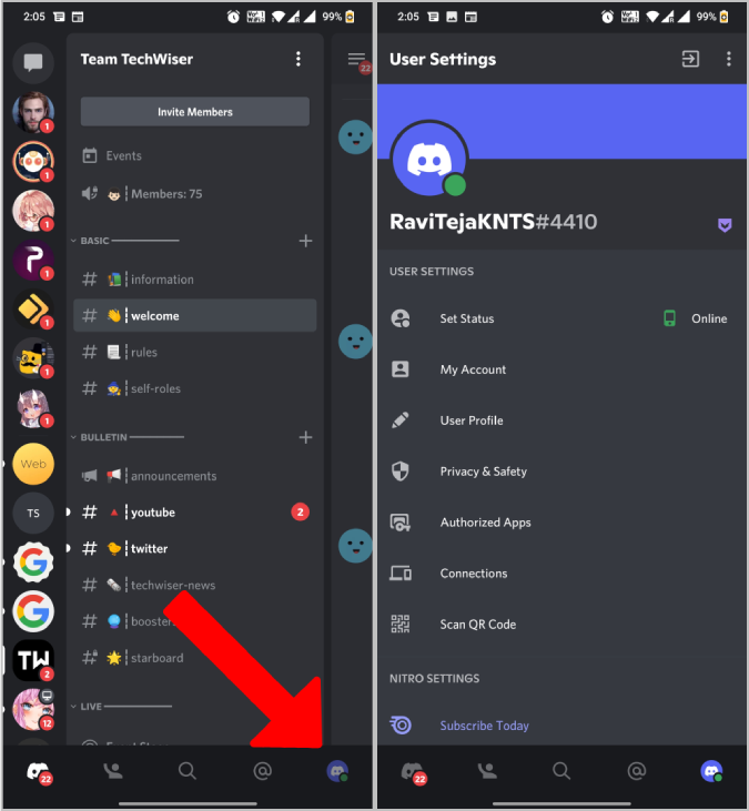Abrir configuración de usuario en Discord Mobile App