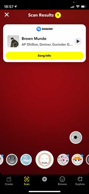 Tarjeta de canción en Snapchat