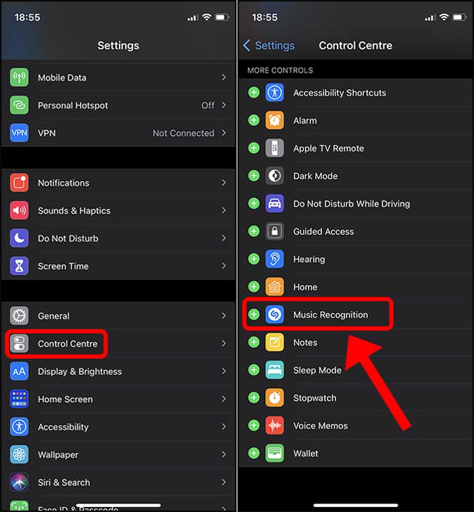 Habilitar el reconocimiento musical en el centro de control en iOS