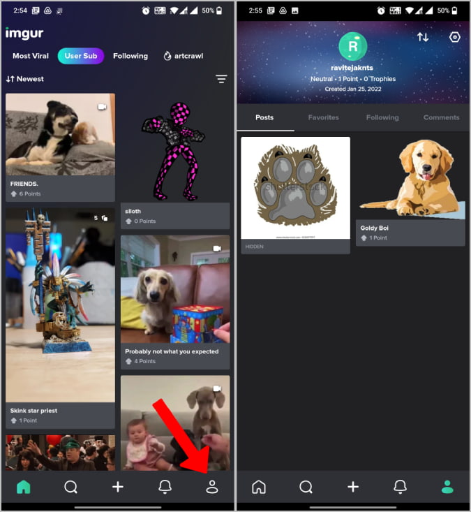 Perfil de imgur en el móvil