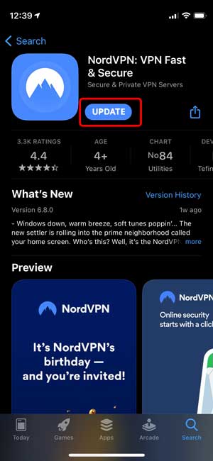 Actualice la aplicación VPN en App Store