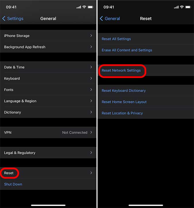 Restablecer la configuración de red en el iPhone para arreglar VPN no conectando iPhone