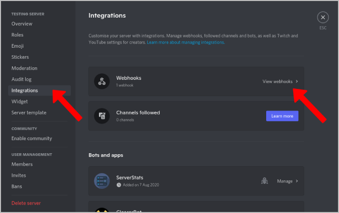 Abrir configuración de Discord Webhook