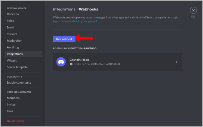 Creación de nuevos Discord Webhook