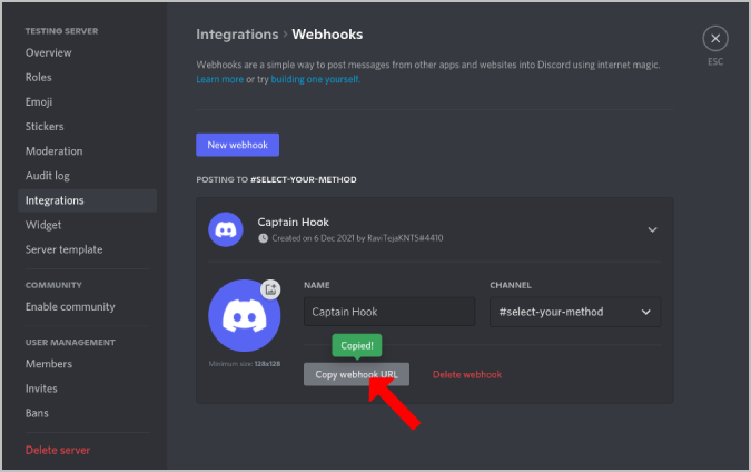 Copiar Discord Webhook URL
