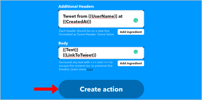 Creación de acción en IFTTT