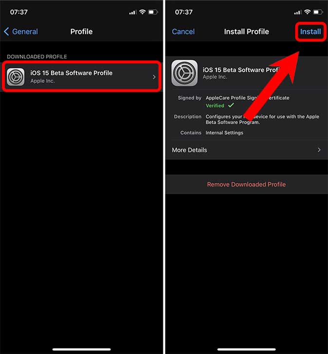 Instale el perfil de software beta de iOS 15 desarrollador