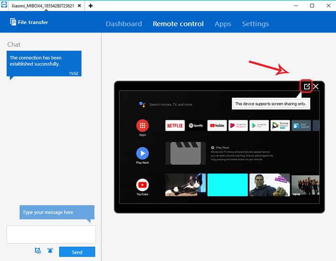 Conexión establecida con el TV y puede ver la pantalla en la parte inferior derecha. Puede chatear a la izquierda y hacer clic en el botón Agrandar para ir a la pantalla completa.
