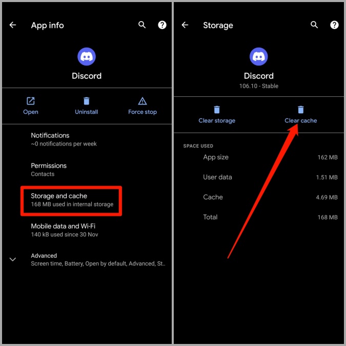 Borrar la aplicación de la aplicación Discord en Android