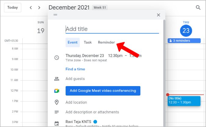 Configuración de recordatorio de la aplicación web de Google Calendar