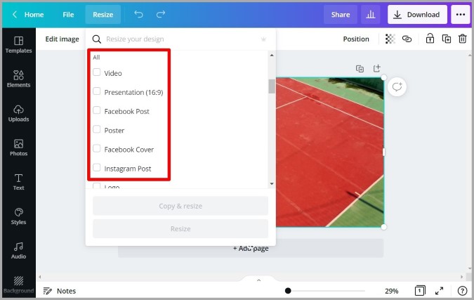 Presets de cambio de tamaño de Canva