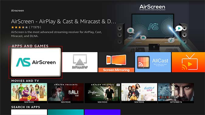 Seleccione el aire en el aire en Fire Stick