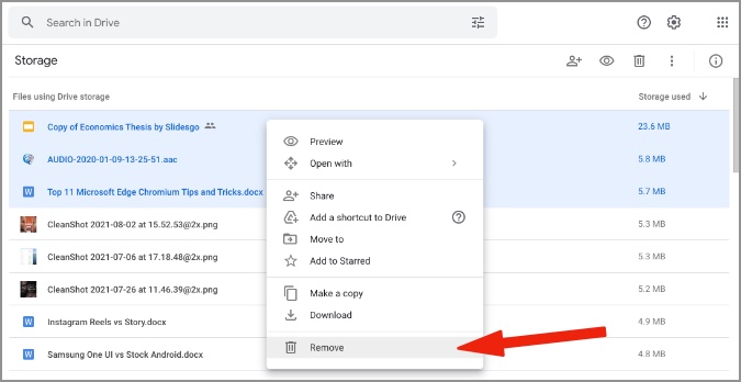 Eliminar grandes archivos de Google Drive