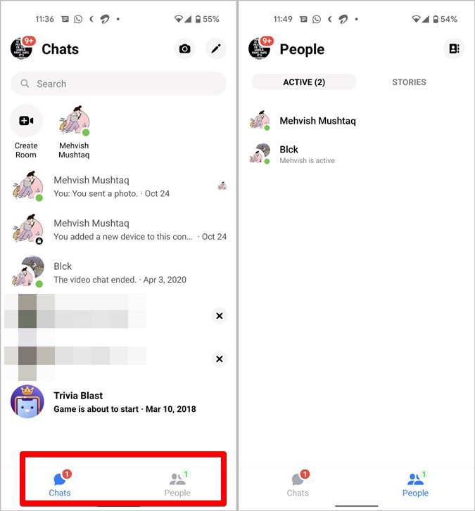 Pestañas de pantalla de inicio de los iconos de Messenger de Facebook