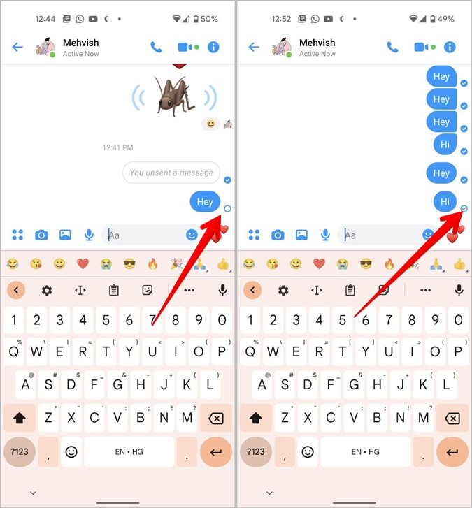 Mensaje de iconos de Messenger de Facebook enviado