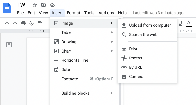 Opción de carga de imágenes en Google Docs