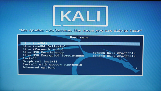pantalla de arranque de Kali Linux